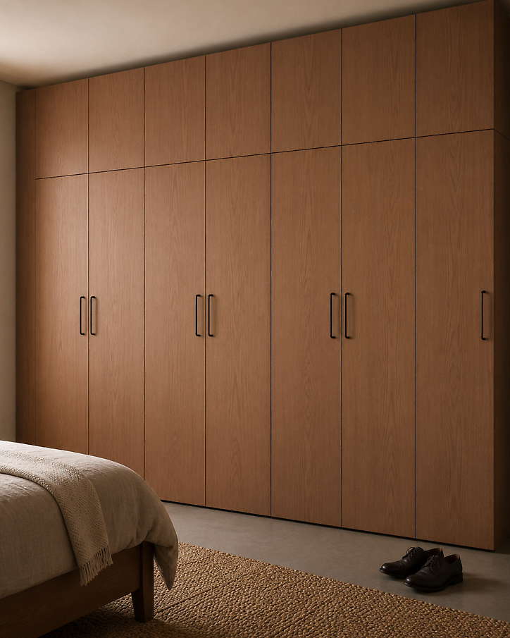 walnut coloured fitted pax wardrobe with black handles